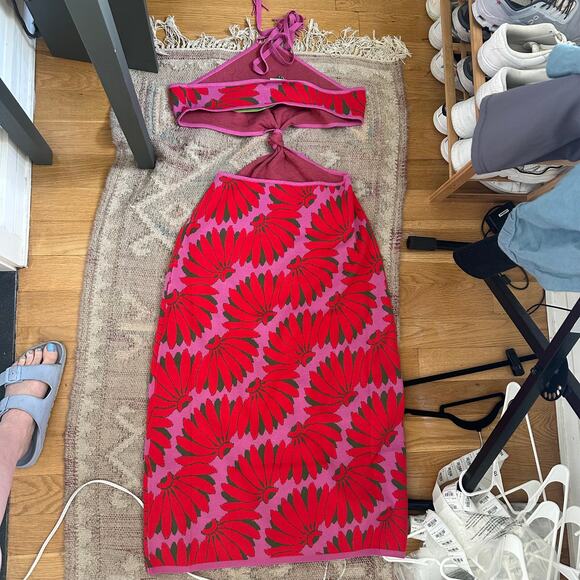 NWT FARM Rio Copacabana Knit Maxi Dress Halter Pink Cutout Waist Size XL - Picture 3 of 13